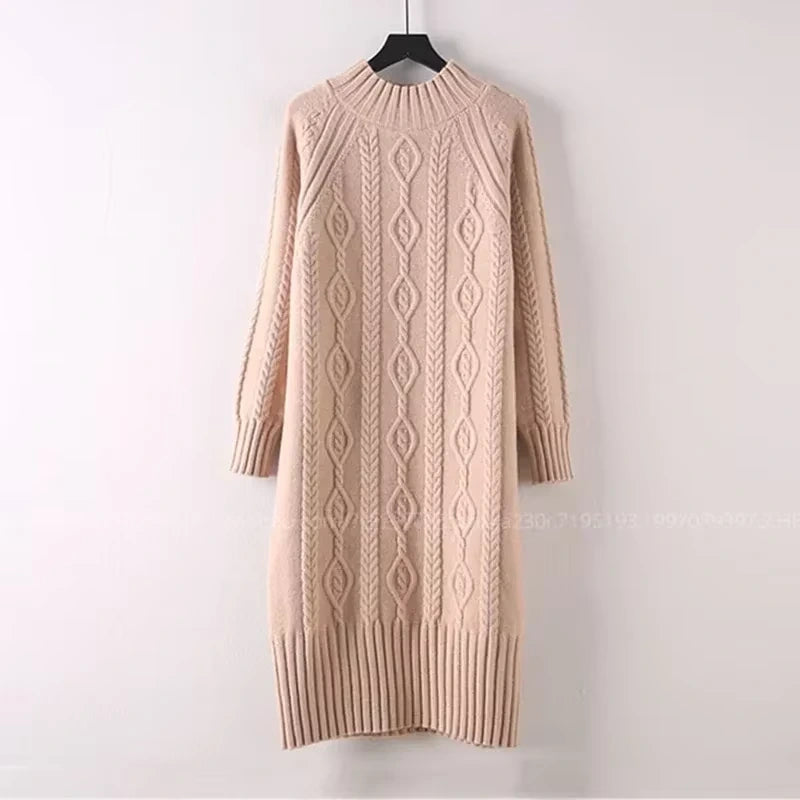 Rib knit half high collar knee length midi jumper dress with textured pattern, neutral colour — view 4 — view 18