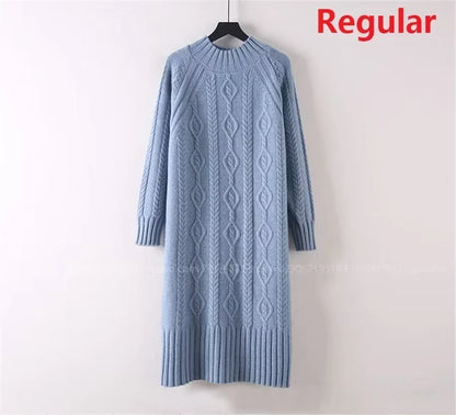 Blue rib knit half high collar knee length midi jumper dress hanging on a hanger — view 5 — view 19