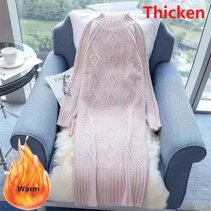 Pink rib knit half high collar knee length midi jumper dress on a chair, cosy setting — view 10 — view 24