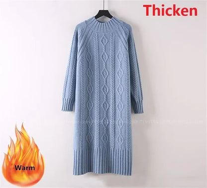 Blue rib knit knee length midi jumper dress with half high collar, hanging on a hanger — view 12 — view 26