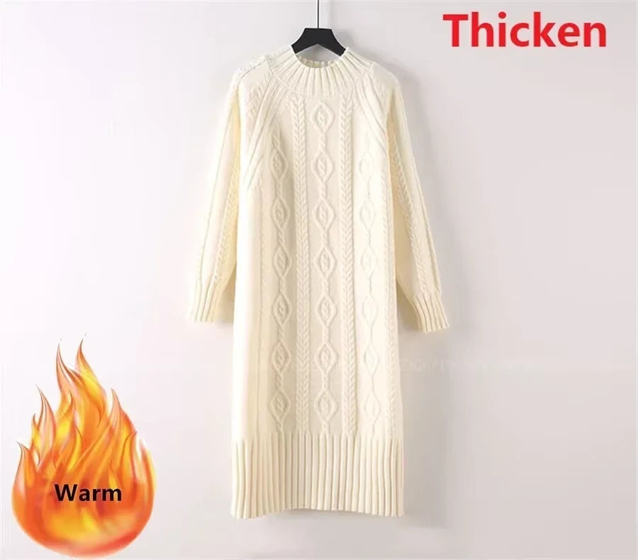 Cream rib knit half high collar knee length midi jumper dress on hanger, front view — 13 — view 27