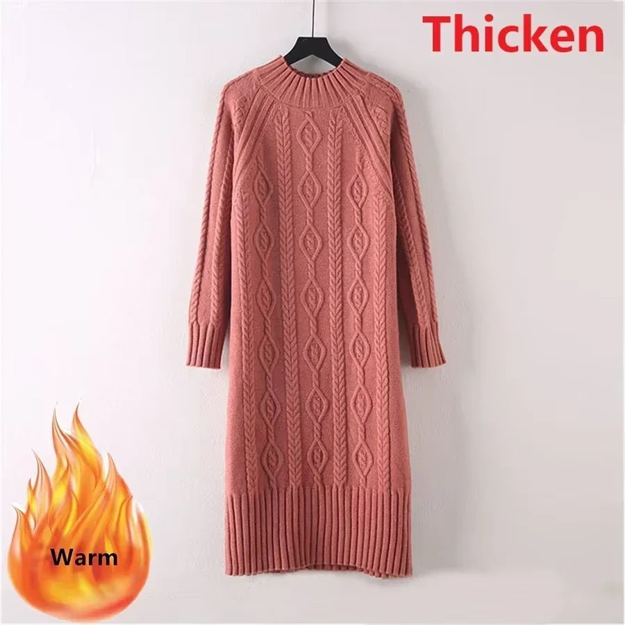 Rib knit knee length midi jumper dress with half high collar, displayed on hanger — view 14 — view 28