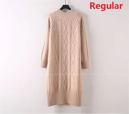 Beige rib knit half high collar knee length midi jumper dress, hanging on a hanger — view 15 — view 29