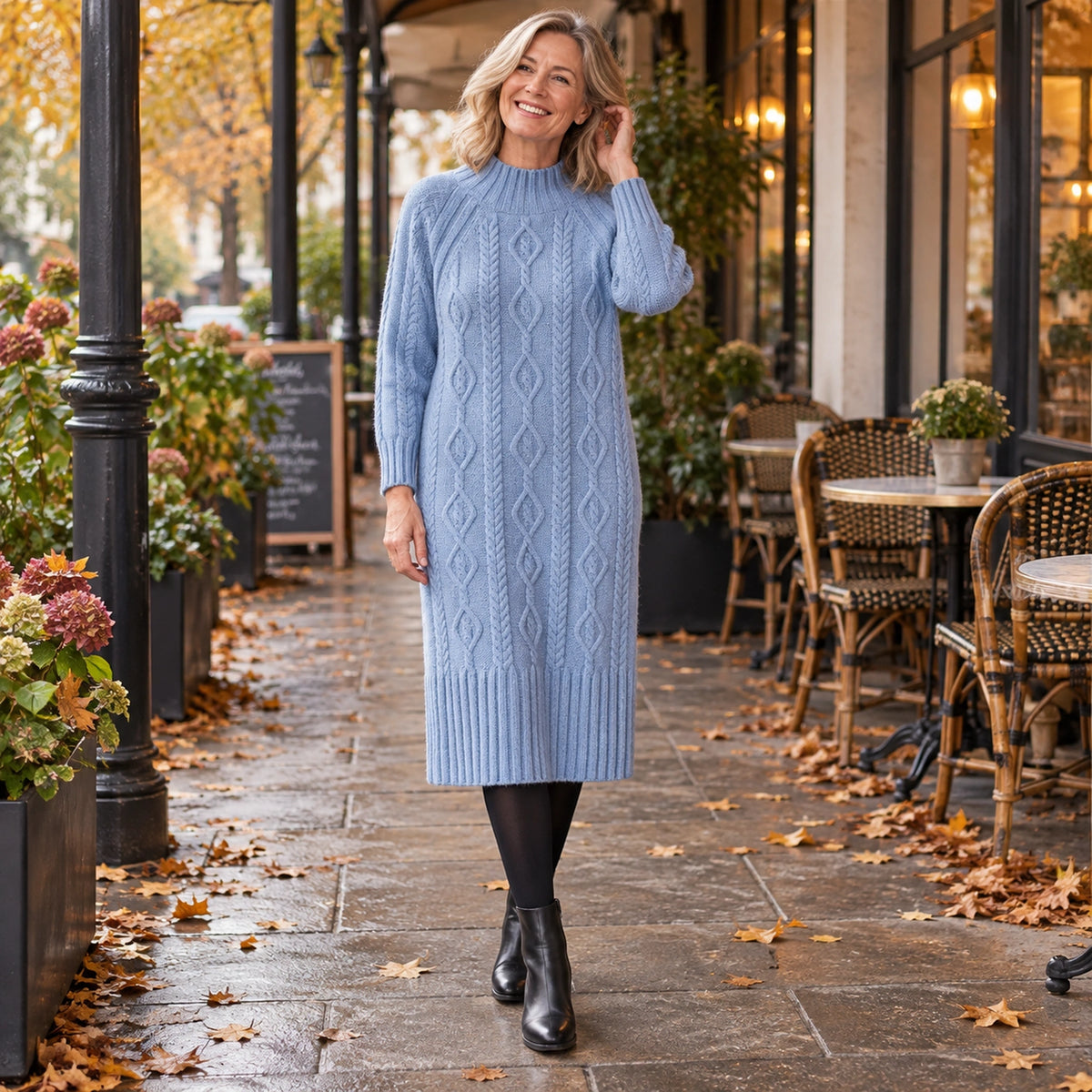 Women's Rib Knit Half High Collar Knee Length Midi Jumper Dress in Blue, worn by a happy model UK autumn setting — view 3