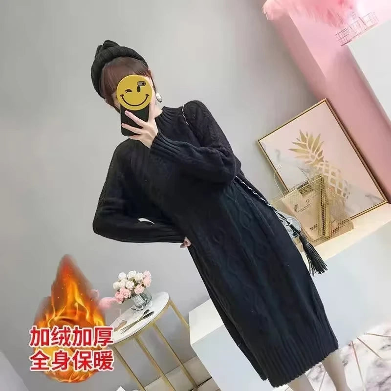 Black rib knit knee length midi jumper dress with half high collar, displayed indoors — view 17 — view 31