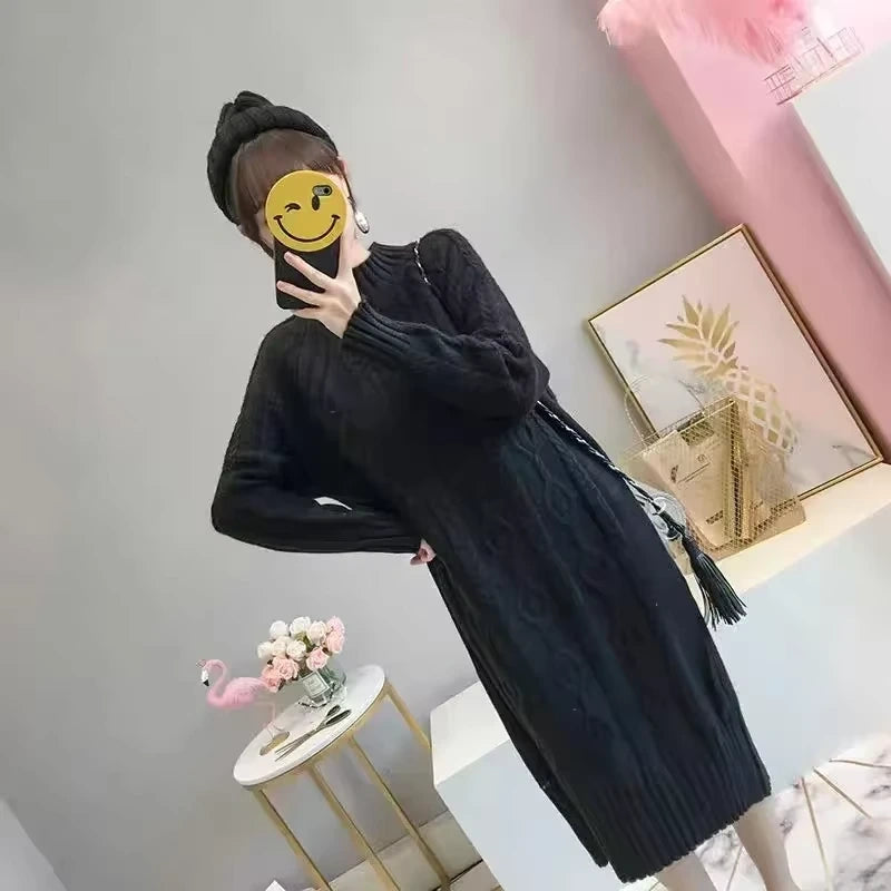 Black rib knit half high collar knee length midi jumper dress, front view — 18 — view 32