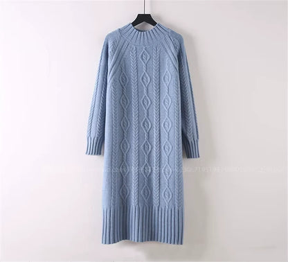 Light blue rib knit half high collar knee length midi jumper dress on hanger — view 20 — view 34