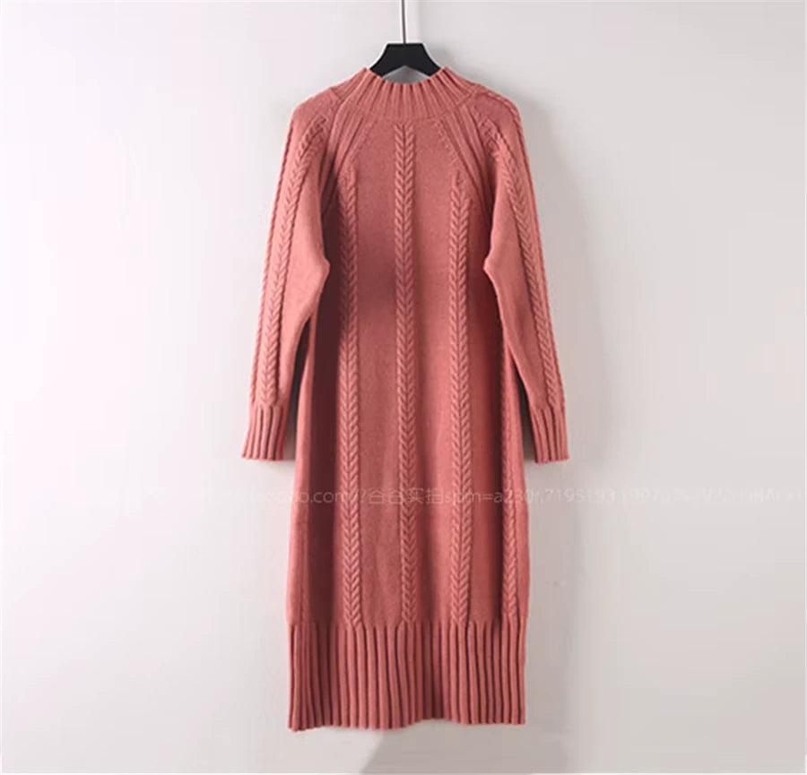 Rib knit knee length midi jumper dress in a warm hue, hanging on hanger — view 21 — view 35