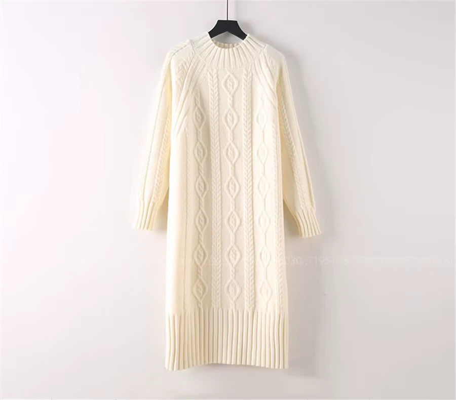 Cream rib knit half high collar knee length midi jumper dress on hanger — view 22 — view 36