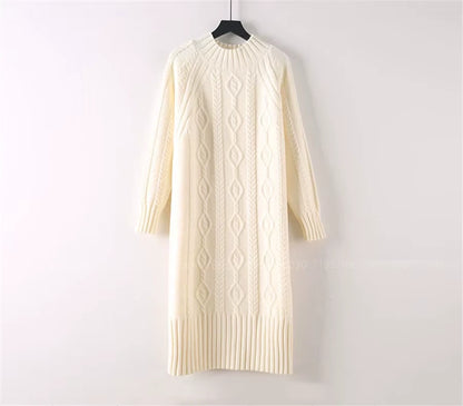 Cream rib knit half high collar knee length midi jumper dress on hanger — view 22 — view 36
