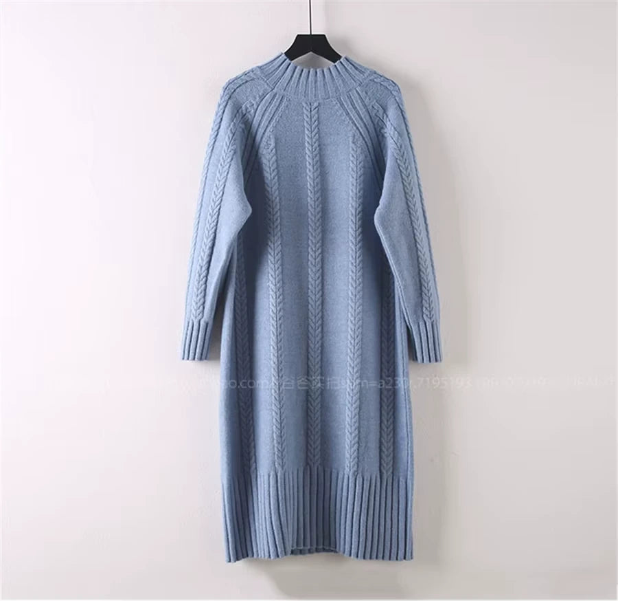 Women's rib knit half high collar knee length midi jumper dress hanging on a hanger — view 23 — view 37