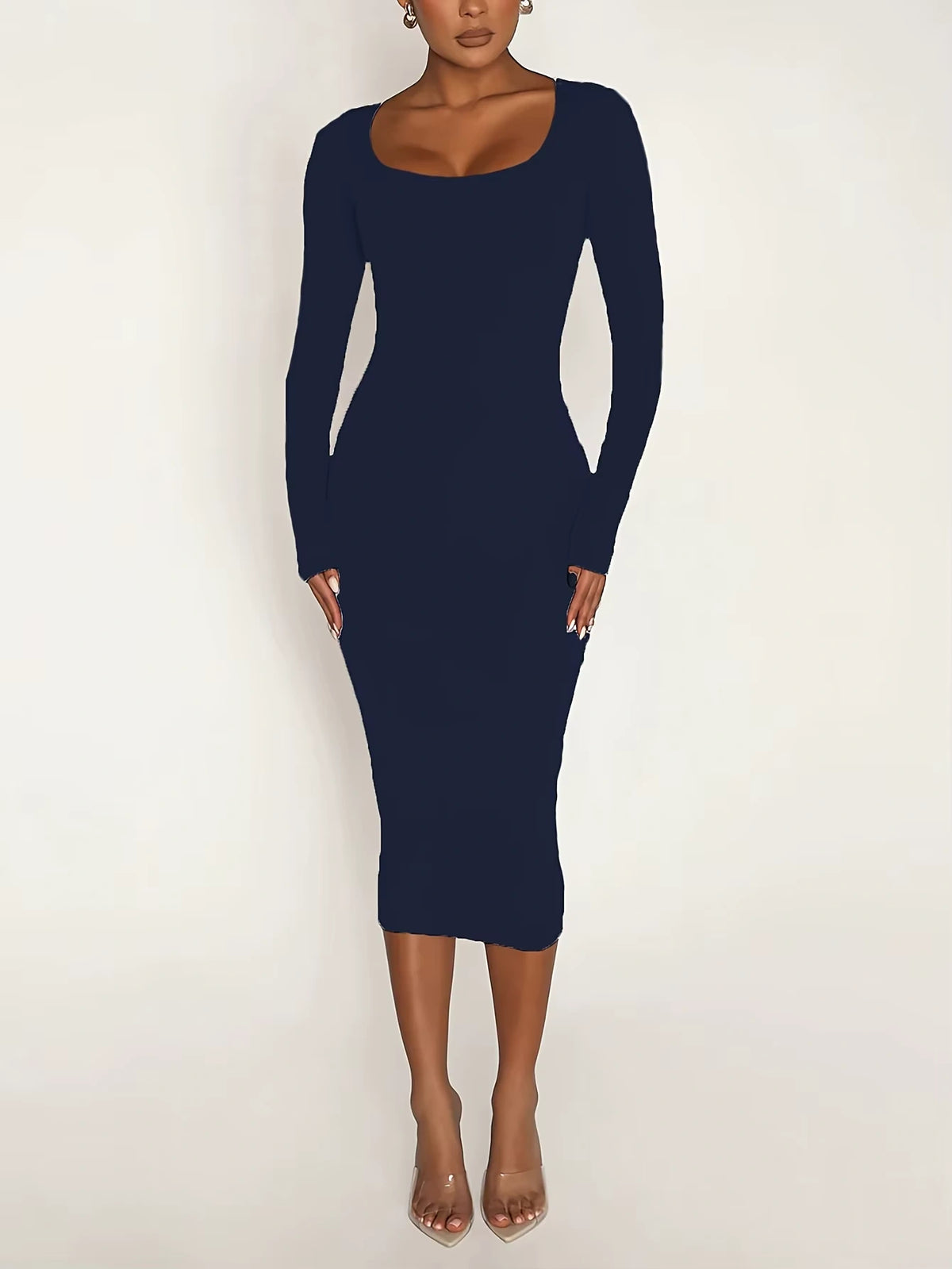 Woman wearing a navy blue square neck long sleeve midi jumper dress — view 8 — view 10