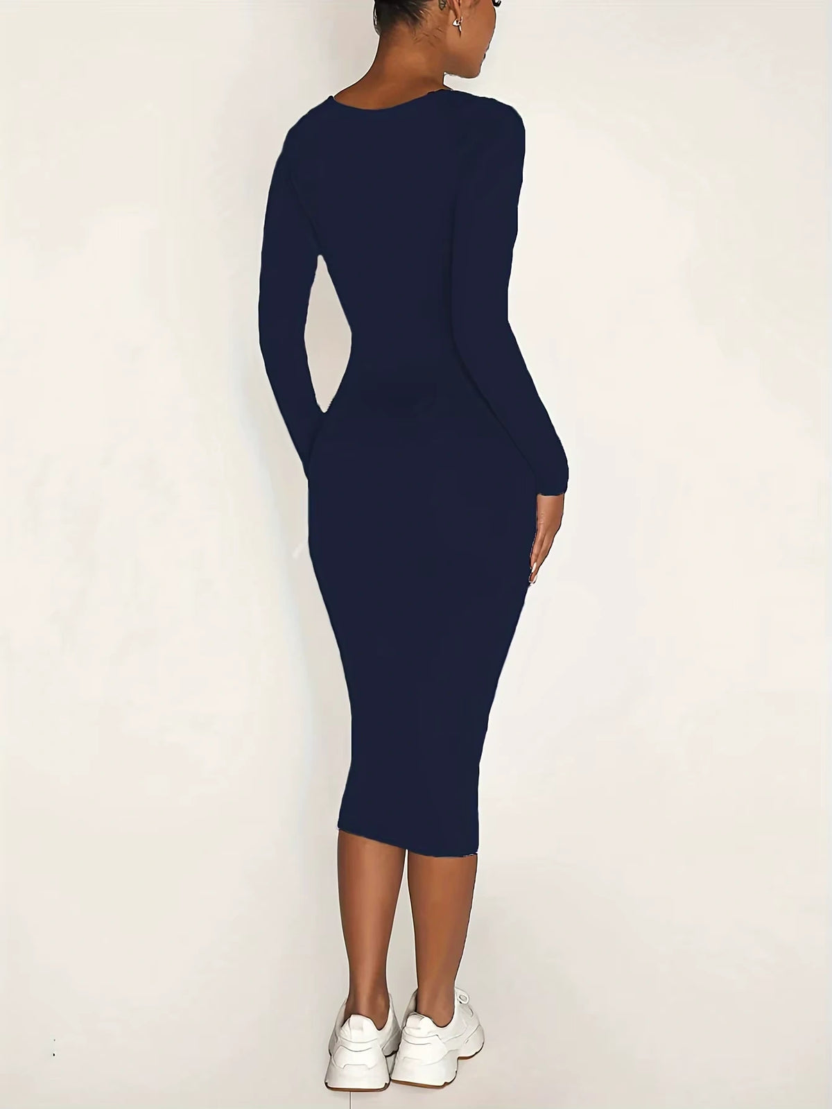 Women's square neck long sleeve midi jumper dress in dark navy, back view — 10 — view 12