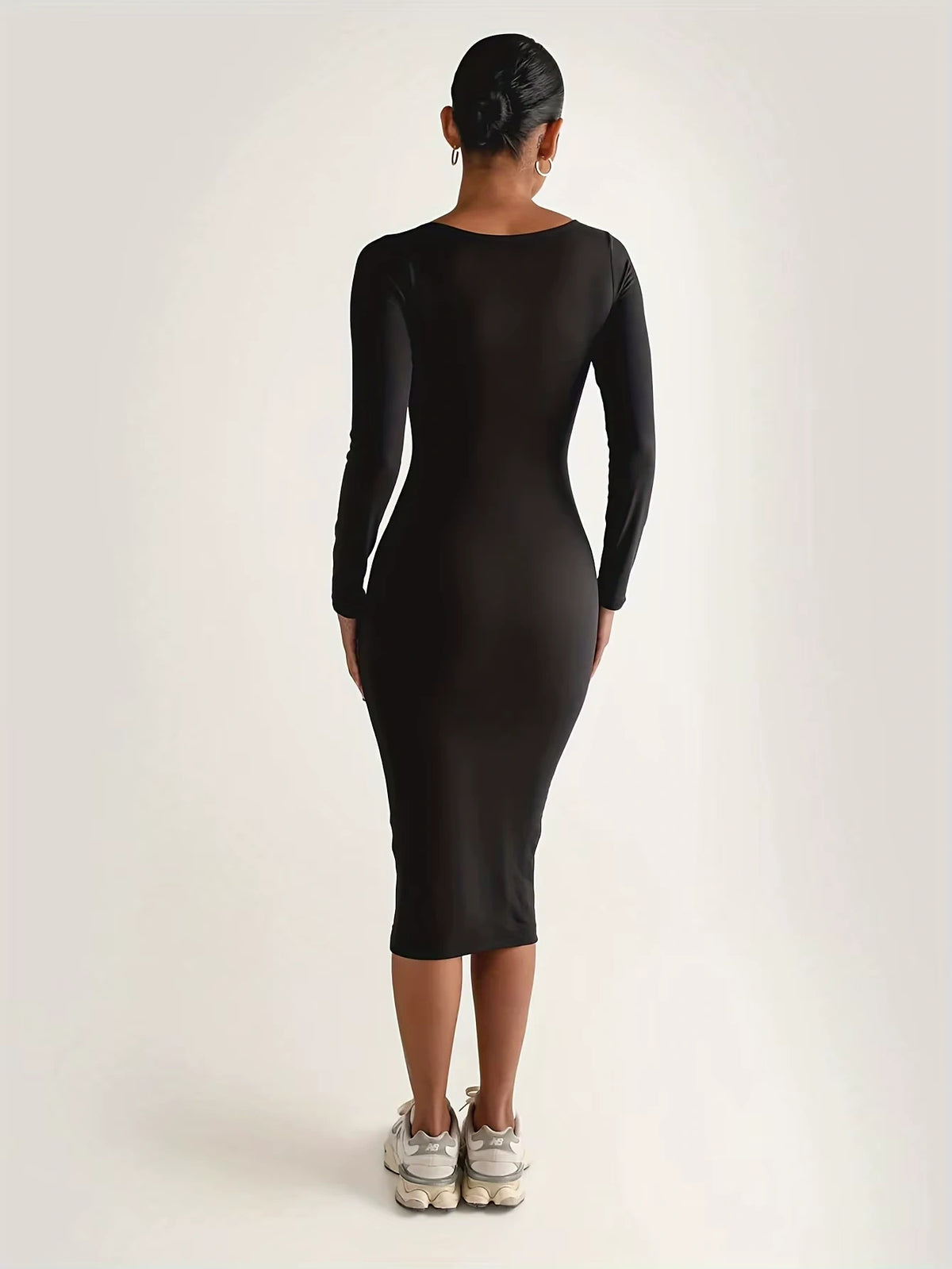 Black long sleeve midi jumper dress, back view — 11 — view 13