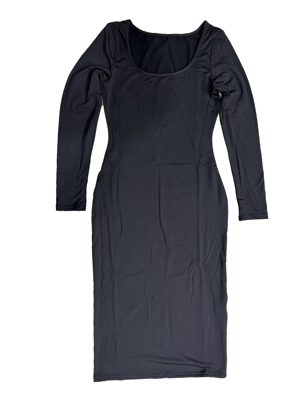 Black square neck long sleeve midi jumper dress, laid flat — view 12 — view 14