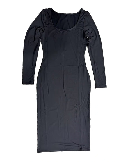Black square neck long sleeve midi jumper dress, laid flat — view 12 — view 14