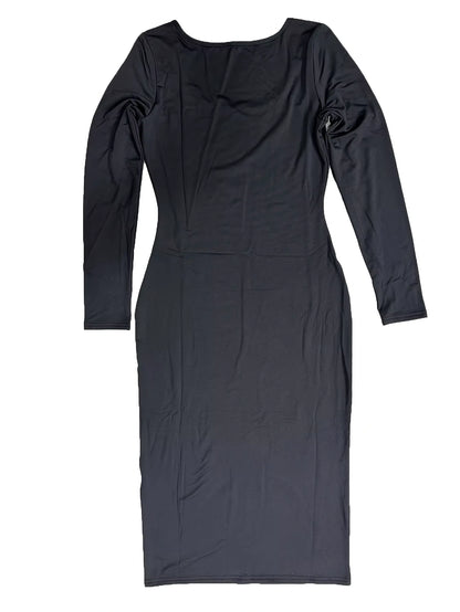 Black women's square neck long sleeve midi jumper dress, back view — 13 — view 15
