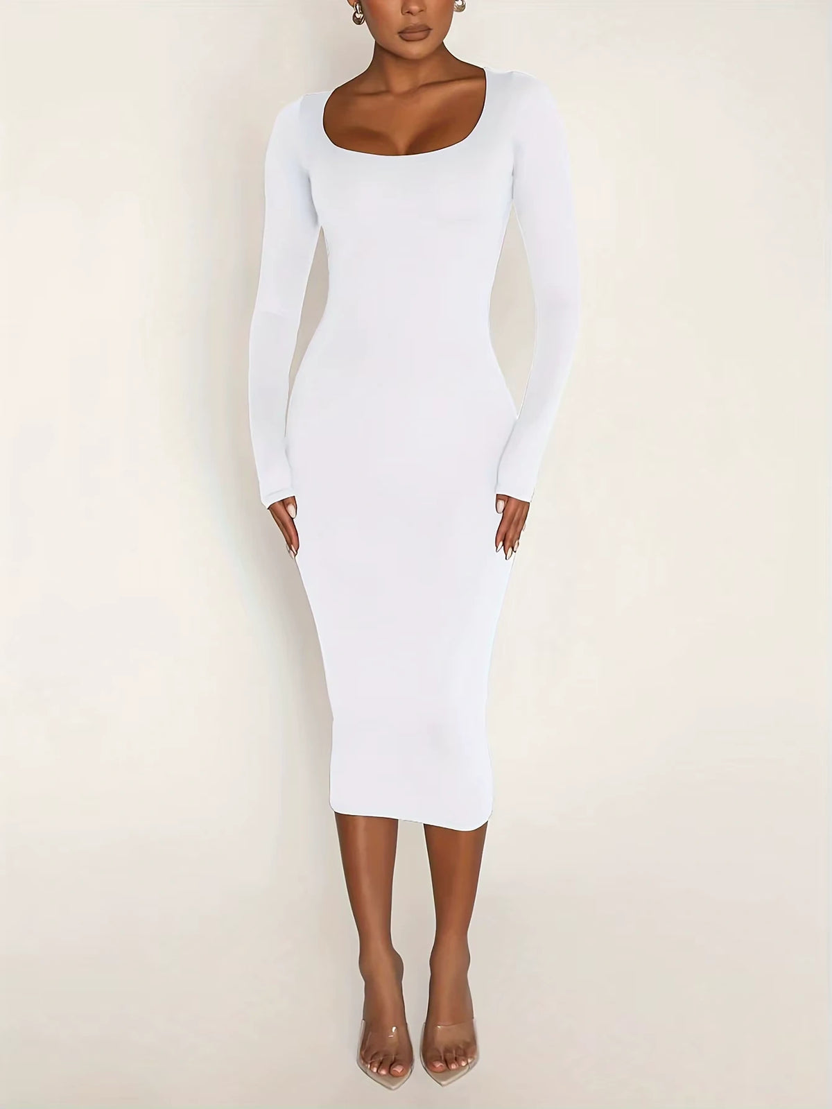 Women's square neck long sleeve midi jumper dress in white, full length view — 15 — view 17