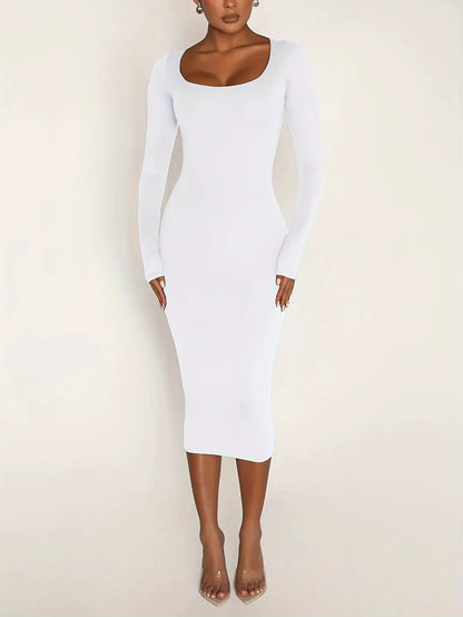Women's square neck long sleeve midi jumper dress in white, full length view — 15 — view 17