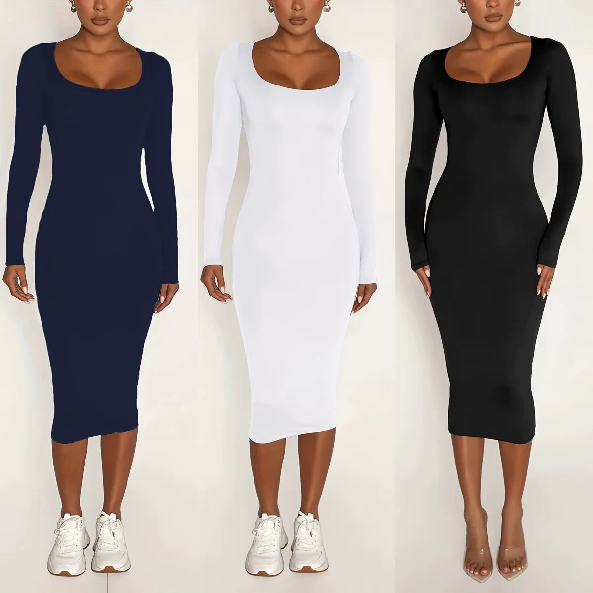 Women's square neck long sleeve midi jumper dress in navy, white, and black, front view — view 3