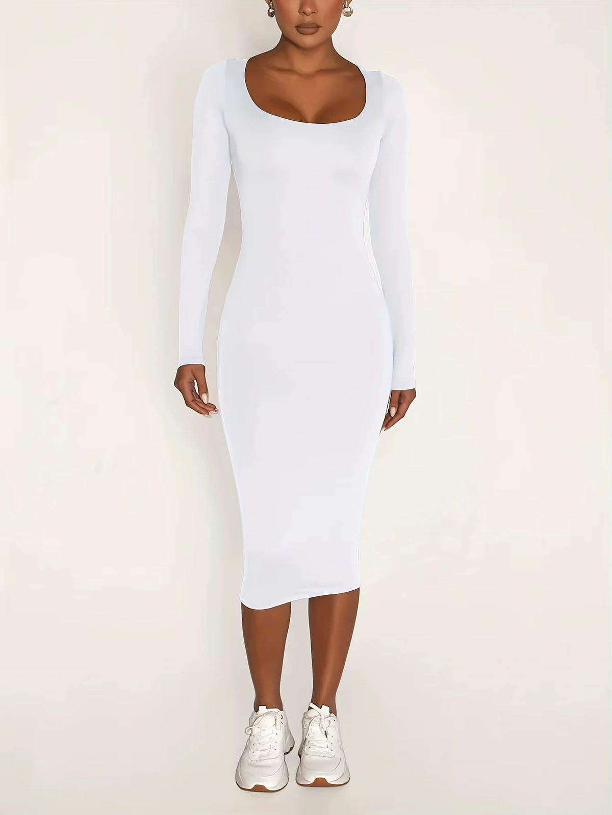White square neck long sleeve midi jumper dress, front view — 2 — view 4
