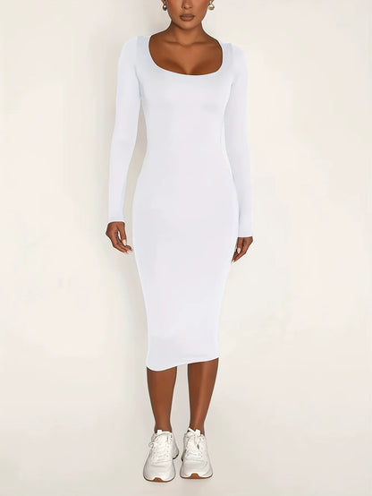 White square neck long sleeve midi jumper dress, front view — 2 — view 4