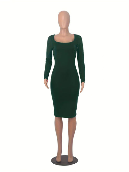 Green square neck long sleeve midi jumper dress, front view — 3 — view 5