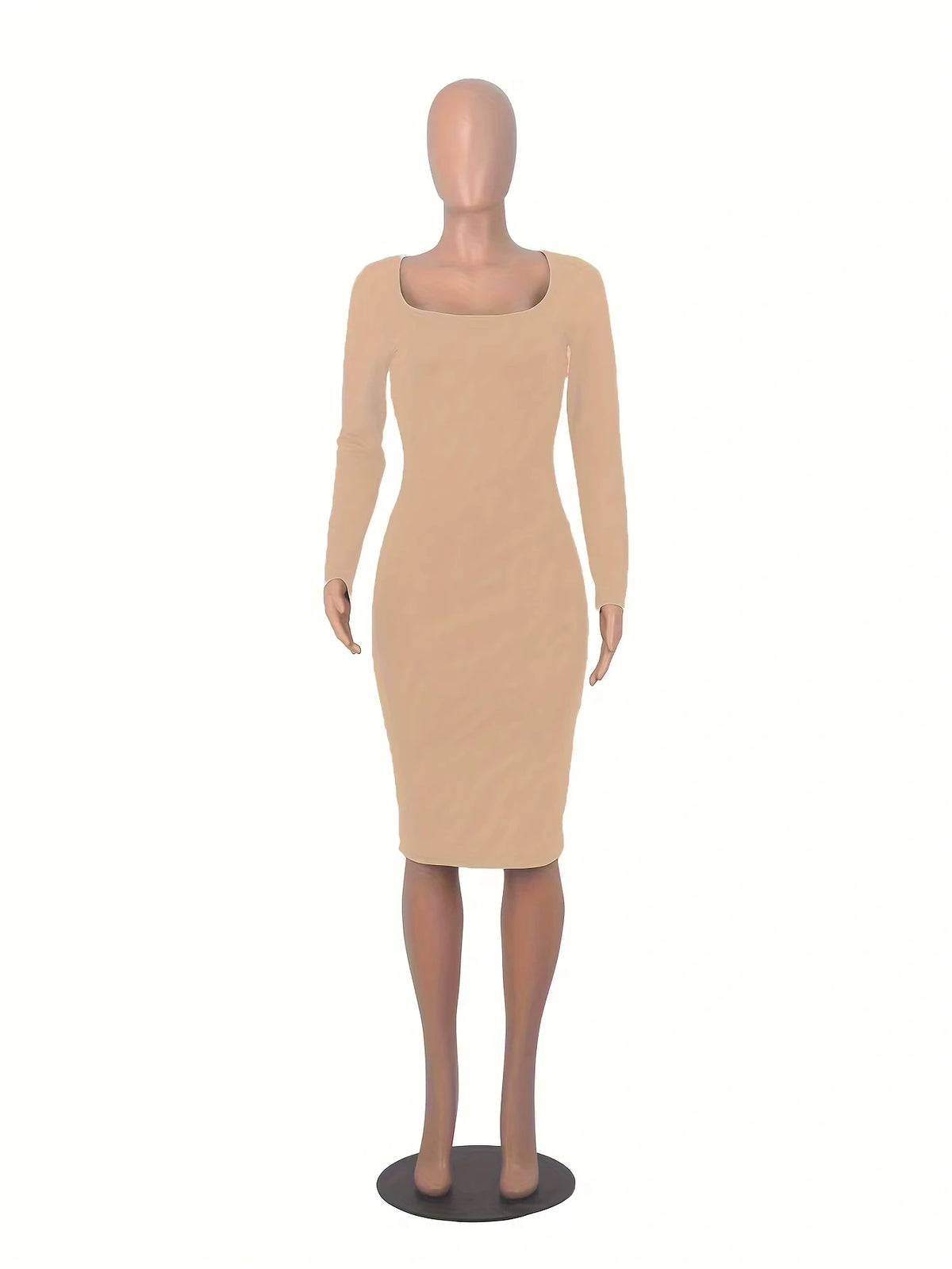 Women's square neck long sleeve midi jumper dress in beige, front view on mannequin — 4 — view 6