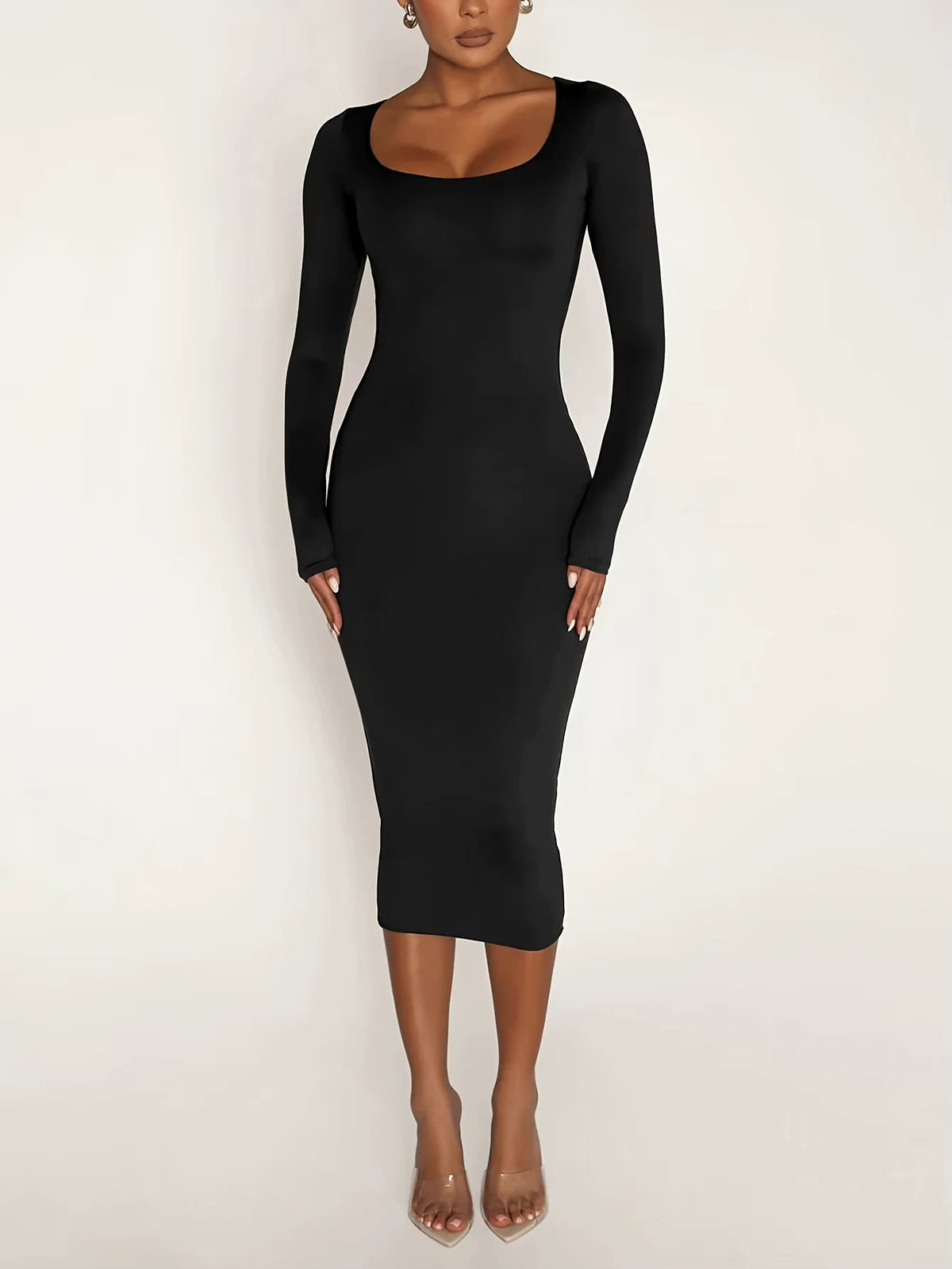 Women's black square neck long sleeve midi jumper dress, front view — 5 — view 7