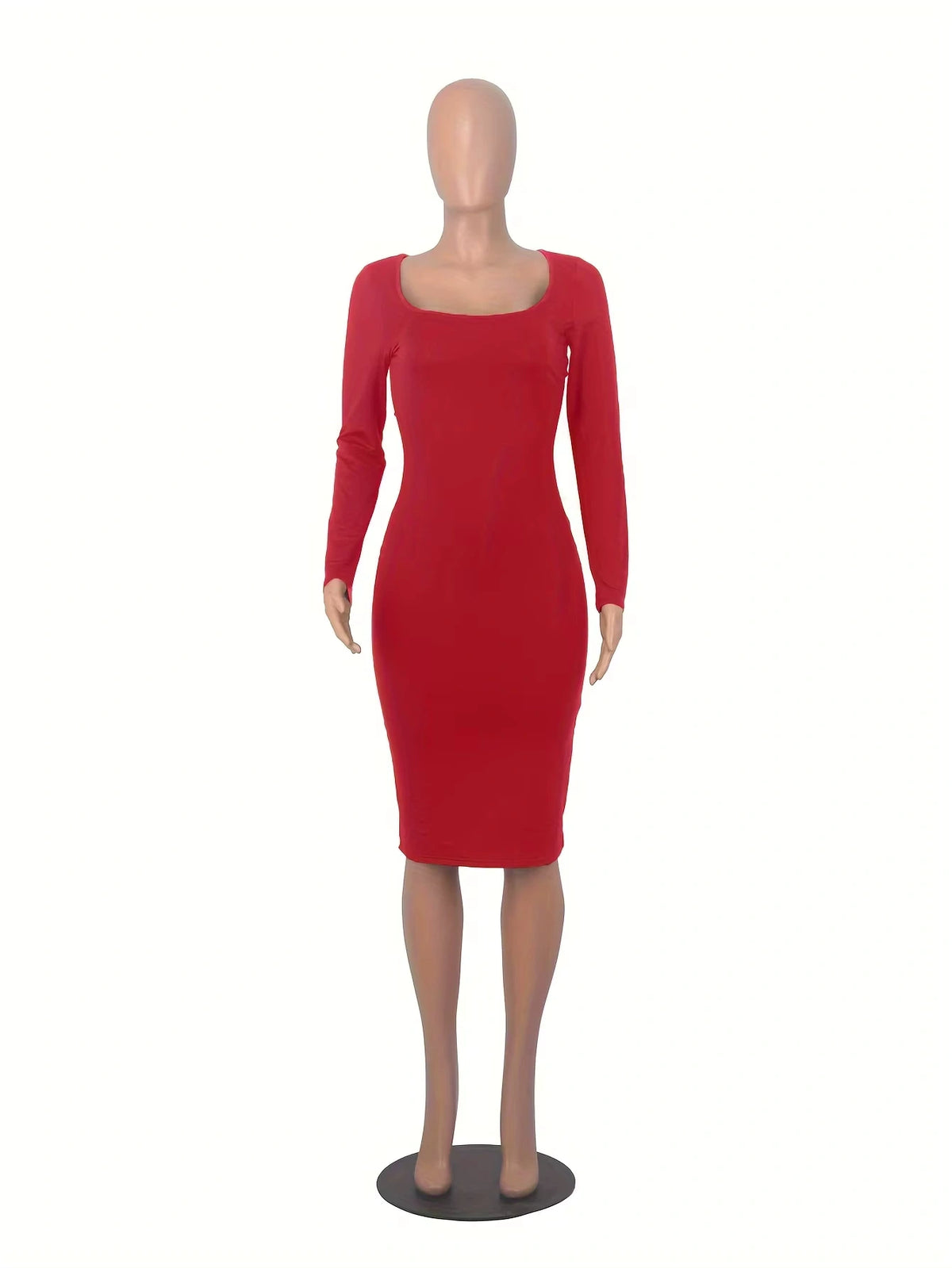 Women's red square neck long sleeve midi jumper dress, front view — 6 — view 8