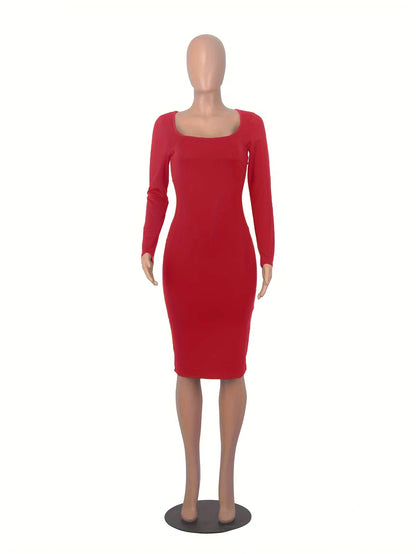 Women's red square neck long sleeve midi jumper dress, front view — 6 — view 8