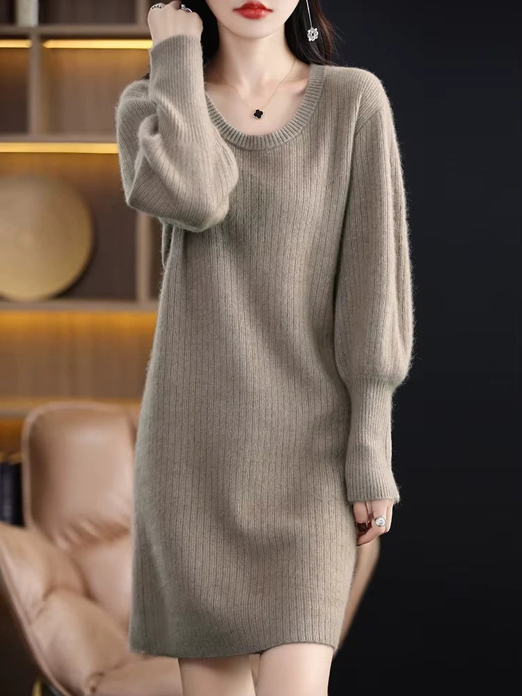 Women's knit lantern sleeve knee length midi jumper dress in a neutral tone, front view — 7 — view 12