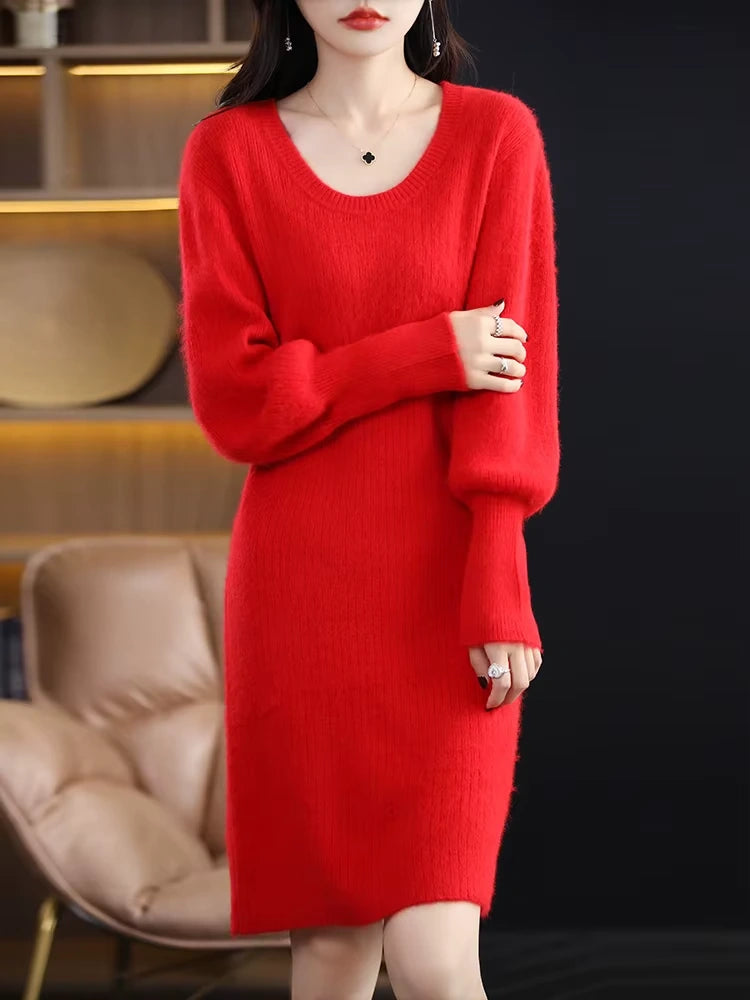 Red knit lantern sleeve knee length midi jumper dress, front view — 8 — view 13