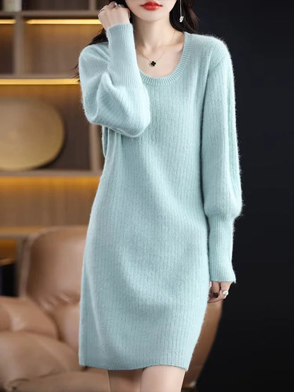 Light blue knit midi jumper dress with striped lantern sleeves, knee length view — 11 — view 16