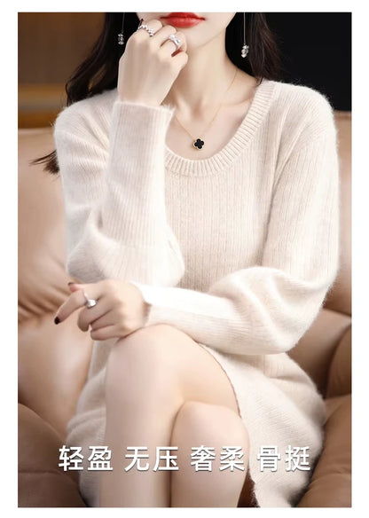 Women's knit lantern sleeve knee length midi jumper dress, soft texture, elegant design — view 16 — view 21