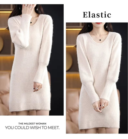 Women's striped knit lantern sleeve knee length midi jumper dress, front view — 21 — view 26