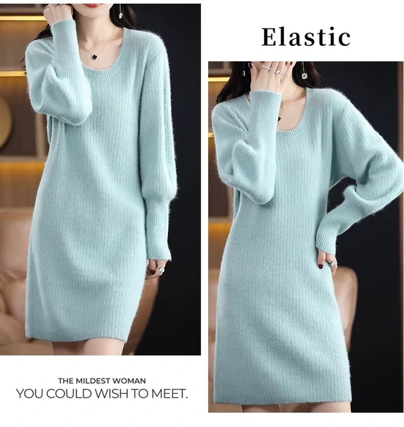 Women's striped knit lantern sleeve knee length midi jumper dress, front view — 23 — view 28