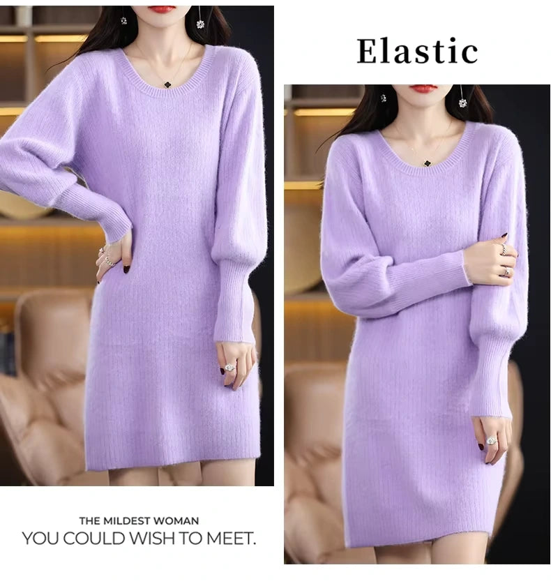 Lavender knit lantern sleeve knee length midi jumper dress, front view — 25 — view 30