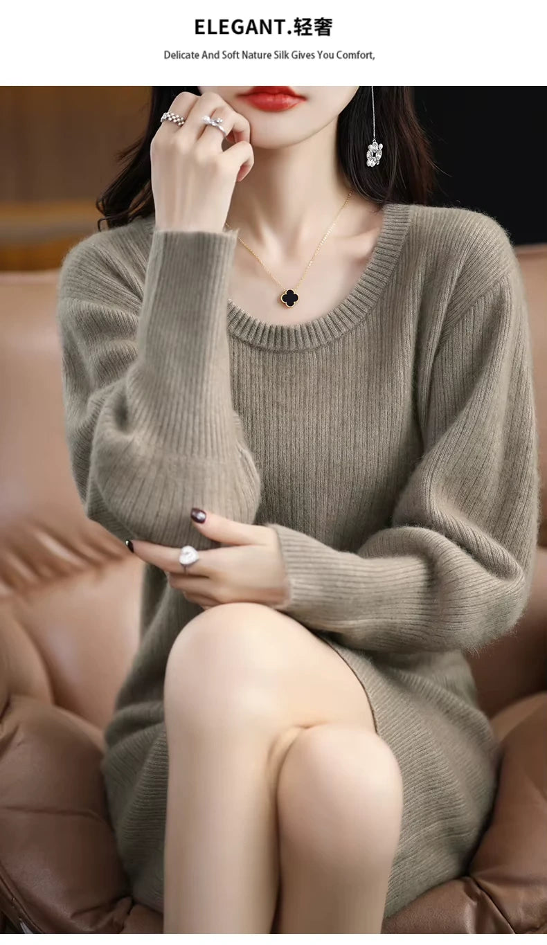 Women's striped knit lantern sleeve knee length midi jumper dress, showcasing ribbed texture and elegant design — view 31
