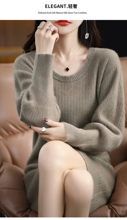 Women's striped knit lantern sleeve knee length midi jumper dress, showcasing ribbed texture and elegant design — view 31
