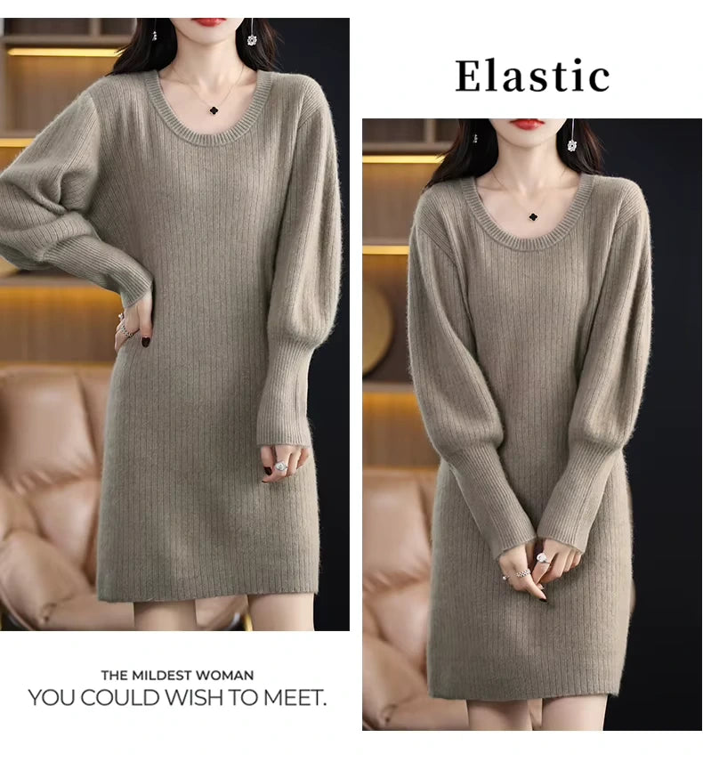 Women's striped knit lantern sleeve knee length midi jumper dress, front view — 27 — view 32