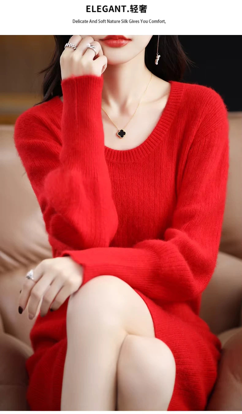 Red knit lantern sleeve knee length midi jumper dress, close up view — 28 — view 33