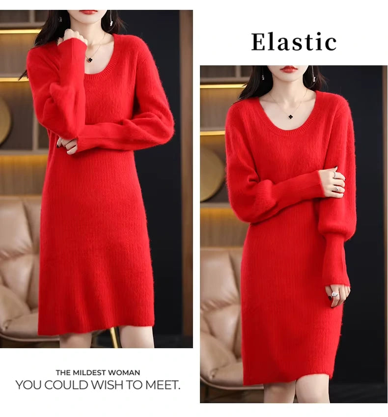 Red knit lantern sleeve knee length midi jumper dress, front view — 29 — view 34