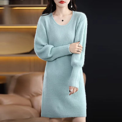 Light blue striped knit midi jumper dress with lantern sleeves, knee length — view 6