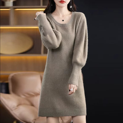 Knit lantern sleeve knee length midi jumper dress in a neutral tone, front view — 2 — view 7