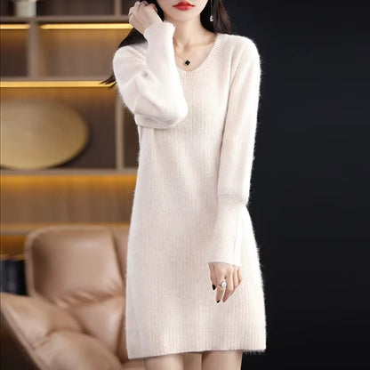 Knit lantern sleeve midi jumper dress with stripes, knee length, front view — 3 — view 8