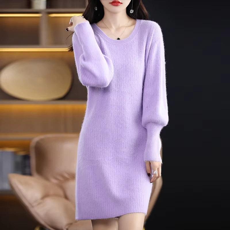 Lavender knit midi jumper dress with lantern sleeves, knee length, displayed in a cosy setting — view 4 — view 9