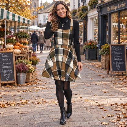Women's Tartan A Line Knee Length Midi Jumper Dress in Brown Plaid, worn by happy model UK autumn setting