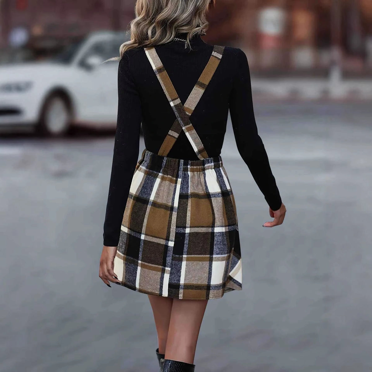 Plaid A line knee length midi jumper dress with cross back straps, rear view — 4 — view 5