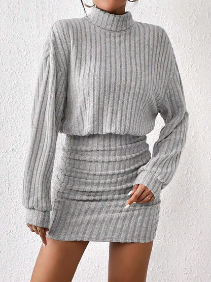 Grey ribbed turtleneck midi jumper dress with long sleeves, front view — 4 — view 6